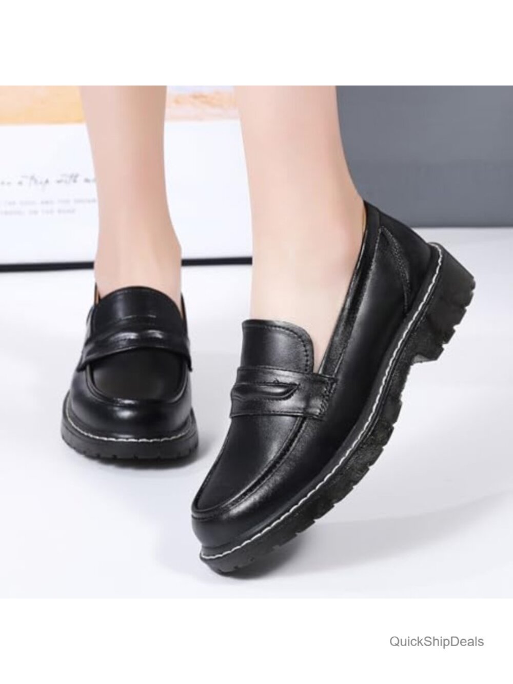 XMM Women's Chunky Loafers Faux Leather Slip On Lug Sole Penny Flats Business - Picture 3 of 6